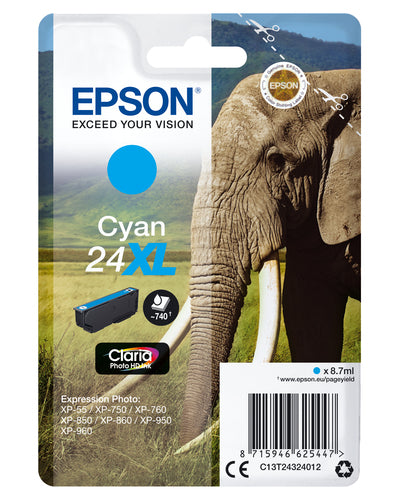 Epson Elephant Singlepack Cyan 24XL Claria Photo HD Ink Epson Elephant Singlepack Cyan 24XL Claria Photo HD Ink